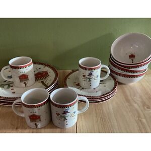 Thomson Pottery Snowman And Birdhouse Christmas Dishes, Serving For‎ 4